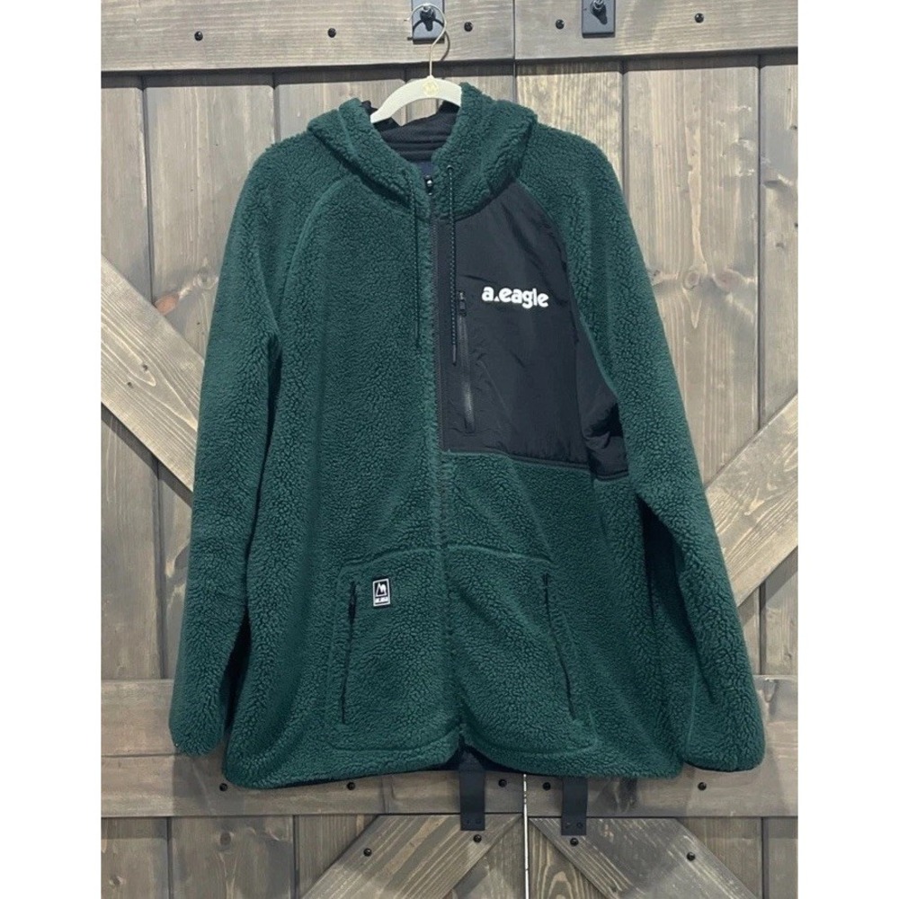 American Eagle Full Zip Fleece Jacket Hunter Green Hooded Long Sleeve Men's XXXL